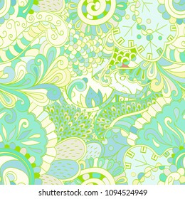 Tracery seamless pattern. Mehndi design. Ethnic colorful doodle texture. Curved doodling background. Vector