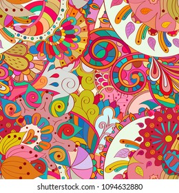 Tracery seamless pattern. Mehndi design. Ethnic colorful doodle texture. Curved doodling background. Vector
