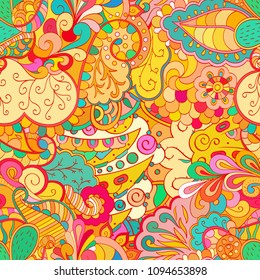 Tracery seamless pattern. Mehndi design. Ethnic colorful doodle texture. Curved doodling background. Vector
