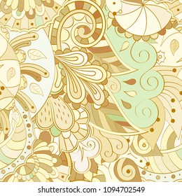 Tracery seamless pattern. Mehndi design. Ethnic colorful doodle texture. Curved doodling background. Vector