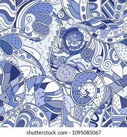 Tracery seamless pattern. Mehndi design. Ethnic colorful doodle texture. Curved doodling background. Vector