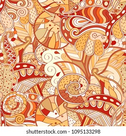 Tracery seamless pattern. Mehndi design. Ethnic colorful doodle texture. Curved doodling background. Vector
