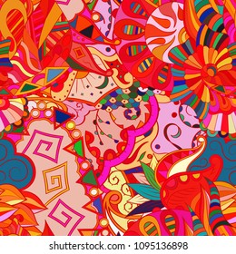 Tracery seamless pattern. Mehndi design. Ethnic colorful doodle texture. Curved doodling background. Vector