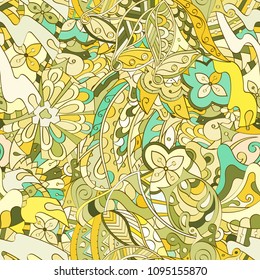 Tracery seamless pattern. Mehndi design. Ethnic colorful doodle texture. Curved doodling background. Vector