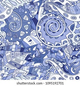 Tracery seamless pattern. Mehndi design. Ethnic colorful doodle texture. Curved doodling background. Vector