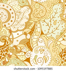 Tracery seamless pattern. Mehndi design. Ethnic colorful doodle texture. Curved doodling background. Vector