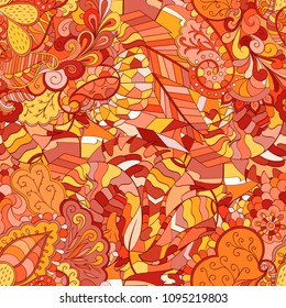 Tracery seamless pattern. Mehndi design. Ethnic colorful doodle texture. Curved doodling background. Vector