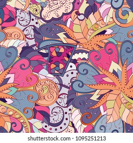 Tracery seamless pattern. Mehndi design. Ethnic colorful doodle texture. Curved doodling background. Vector