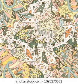 Tracery seamless pattern. Mehndi design. Ethnic colorful doodle texture. Curved doodling background. Vector
