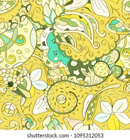 Tracery seamless pattern. Mehndi design. Ethnic colorful doodle texture. Curved doodling background. Vector