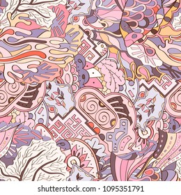 Tracery seamless pattern. Mehndi design. Ethnic colorful doodle texture. Curved doodling background. Vector