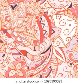 Tracery seamless pattern. Mehndi design. Ethnic colorful doodle texture. Curved doodling background. Vector