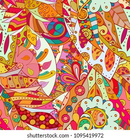 Tracery seamless pattern. Mehndi design. Ethnic colorful doodle texture. Curved doodling background. Vector