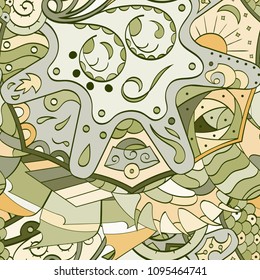 Tracery seamless pattern. Mehndi design. Ethnic colorful doodle texture. Curved doodling background. Vector