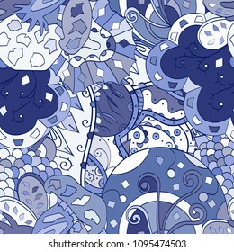 Tracery seamless pattern. Mehndi design. Ethnic colorful doodle texture. Curved doodling background. Vector