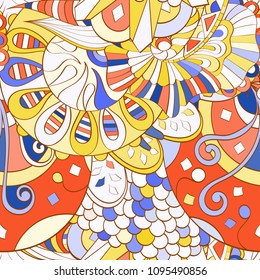 Tracery seamless pattern. Mehndi design. Ethnic colorful doodle texture. Curved doodling background. Vector