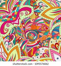 Tracery seamless pattern. Mehndi design. Ethnic colorful doodle texture. Curved doodling background. Vector