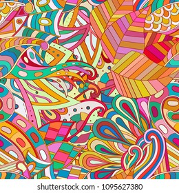 Tracery seamless pattern. Mehndi design. Ethnic colorful doodle texture. Curved doodling background. Vector