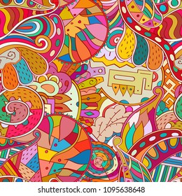 Tracery seamless pattern. Mehndi design. Ethnic colorful doodle texture. Curved doodling background. Vector