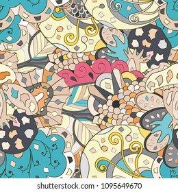 Tracery seamless pattern. Mehndi design. Ethnic colorful doodle texture. Curved doodling background. Vector