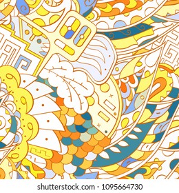 Tracery seamless pattern. Mehndi design. Ethnic colorful doodle texture. Curved doodling background. Vector