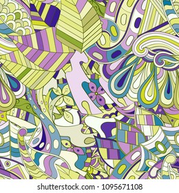 Tracery seamless pattern. Mehndi design. Ethnic colorful doodle texture. Curved doodling background. Vector