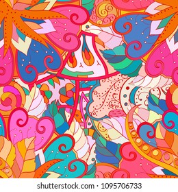 Tracery seamless pattern. Mehndi design. Ethnic colorful doodle texture. Curved doodling background. Vector