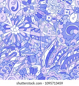 Tracery seamless pattern. Mehndi design. Ethnic colorful doodle texture. Curved doodling background. Vector