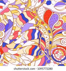 Tracery seamless pattern. Mehndi design. Ethnic colorful doodle texture. Curved doodling background. Vector