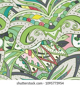 Tracery seamless pattern. Mehndi design. Ethnic colorful doodle texture. Curved doodling background. Vector