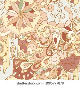 Tracery seamless pattern. Mehndi design. Ethnic colorful doodle texture. Curved doodling background. Vector