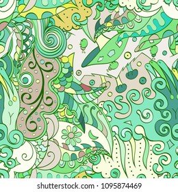 Tracery seamless pattern. Mehndi design. Ethnic colorful doodle texture. Curved doodling background. Vector