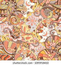 Tracery seamless pattern. Mehndi design. Ethnic colorful doodle texture. Curved doodling background. Vector