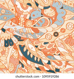 Tracery seamless pattern. Mehndi design. Ethnic colorful doodle texture. Curved doodling background. Vector