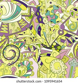 Tracery seamless pattern. Mehndi design. Ethnic colorful doodle texture. Curved doodling background. Vector