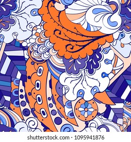 Tracery seamless pattern. Mehndi design. Ethnic colorful doodle texture. Curved doodling background. Vector