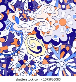 Tracery seamless pattern. Mehndi design. Ethnic colorful doodle texture. Curved doodling background. Vector