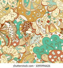 Tracery seamless pattern. Mehndi design. Ethnic colorful doodle texture. Curved doodling background. Vector