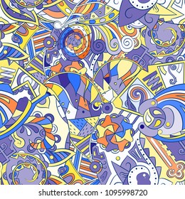 Tracery seamless pattern. Mehndi design. Ethnic colorful doodle texture. Curved doodling background. Vector