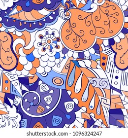 Tracery seamless pattern. Mehndi design. Ethnic colorful doodle texture. Curved doodling background. Vector