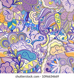 Tracery seamless pattern. Mehndi design. Ethnic colorful doodle texture. Curved doodling background. Vector