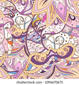 Tracery seamless pattern. Mehndi design. Ethnic colorful doodle texture. Curved doodling background. Vector
