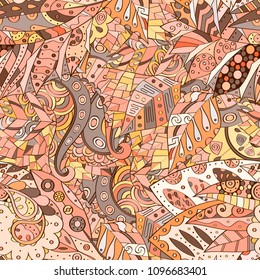 Tracery seamless pattern. Mehndi design. Ethnic colorful doodle texture. Curved doodling background. Vector