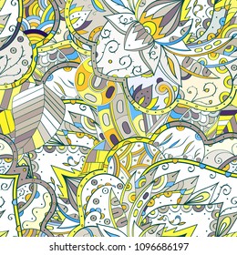 Tracery seamless pattern. Mehndi design. Ethnic colorful doodle texture. Curved doodling background. Vector