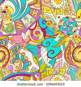 Tracery seamless pattern. Mehndi design. Ethnic colorful doodle texture. Curved doodling background. Vector