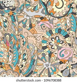 Tracery seamless pattern. Mehndi design. Ethnic colorful doodle texture. Curved doodling background. Vector