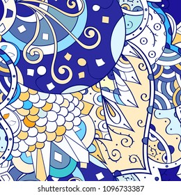 Tracery seamless pattern. Mehndi design. Ethnic colorful doodle texture. Curved doodling background. Vector