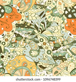 Tracery seamless pattern. Mehndi design. Ethnic colorful doodle texture. Curved doodling background. Vector