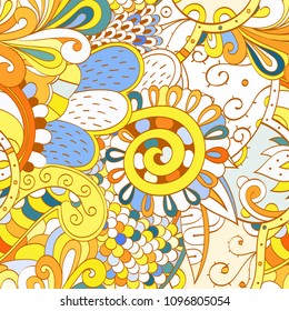 Tracery seamless pattern. Mehndi design. Ethnic colorful doodle texture. Curved doodling background. Vector