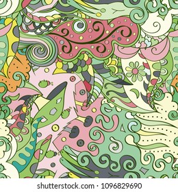 Tracery seamless pattern. Mehndi design. Ethnic colorful doodle texture. Curved doodling background. Vector